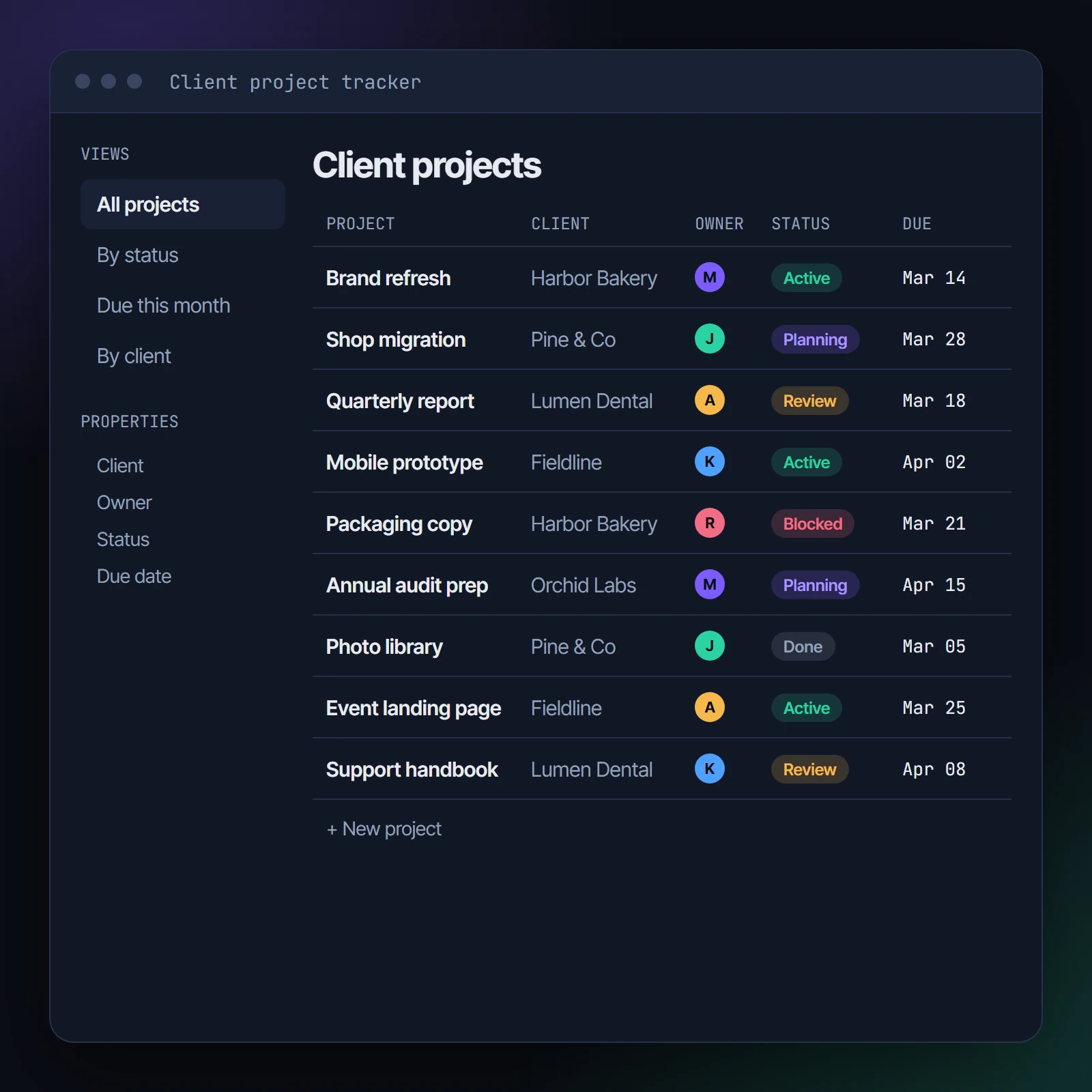 Project tracker table with columns for project, client, owner, status pills and due dates, beside a sidebar of views